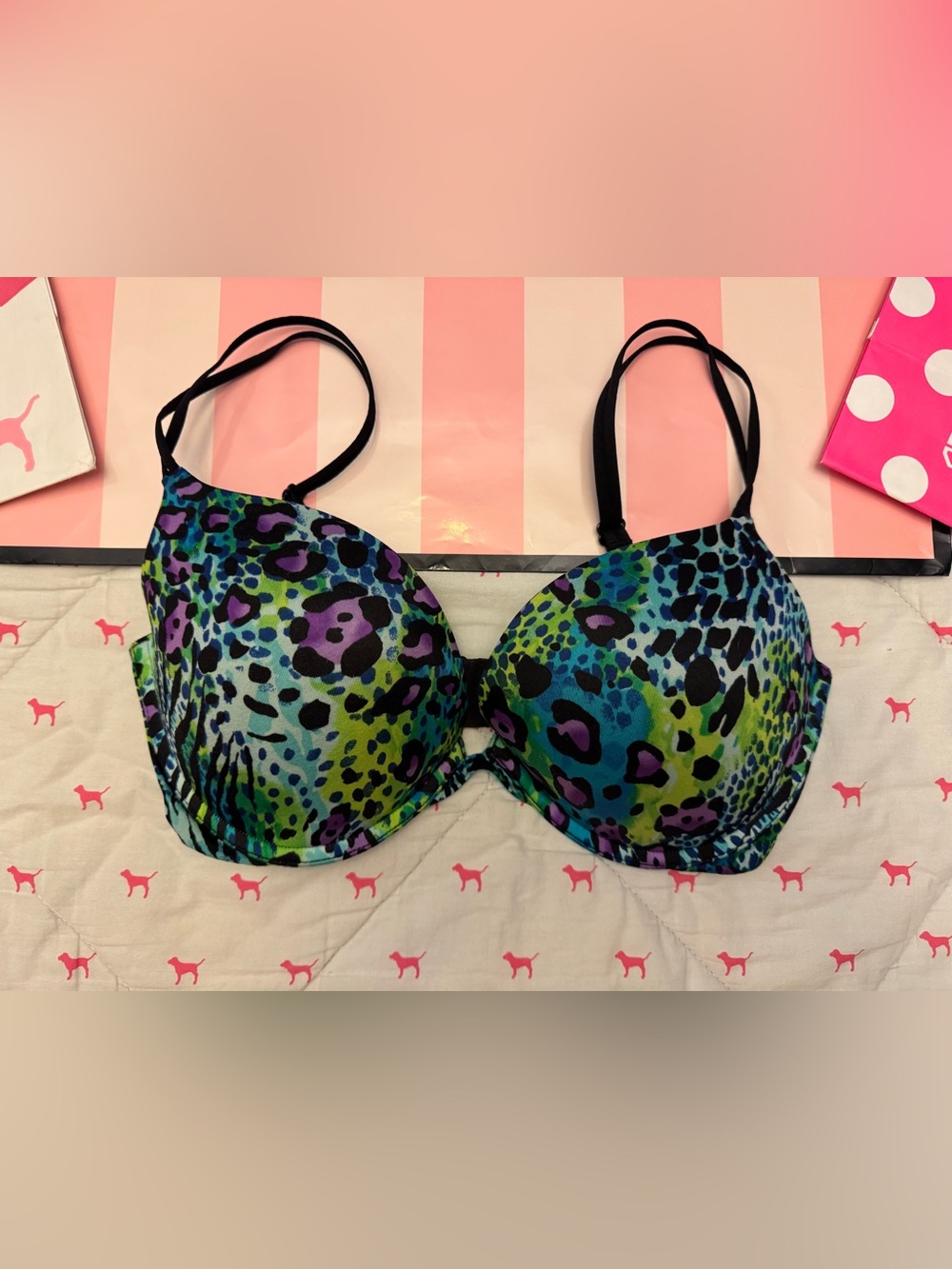 VICTORIA’S SECRET VINTAGE VERY SEXY PUSHUP BRA NEON TEAL PURPLE LEOPARD CHEETAH